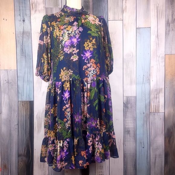 Gabby Skye Navy Blue Floral Dress High Collar Balloon Sleeves Size 8 - Picture 1 of 10